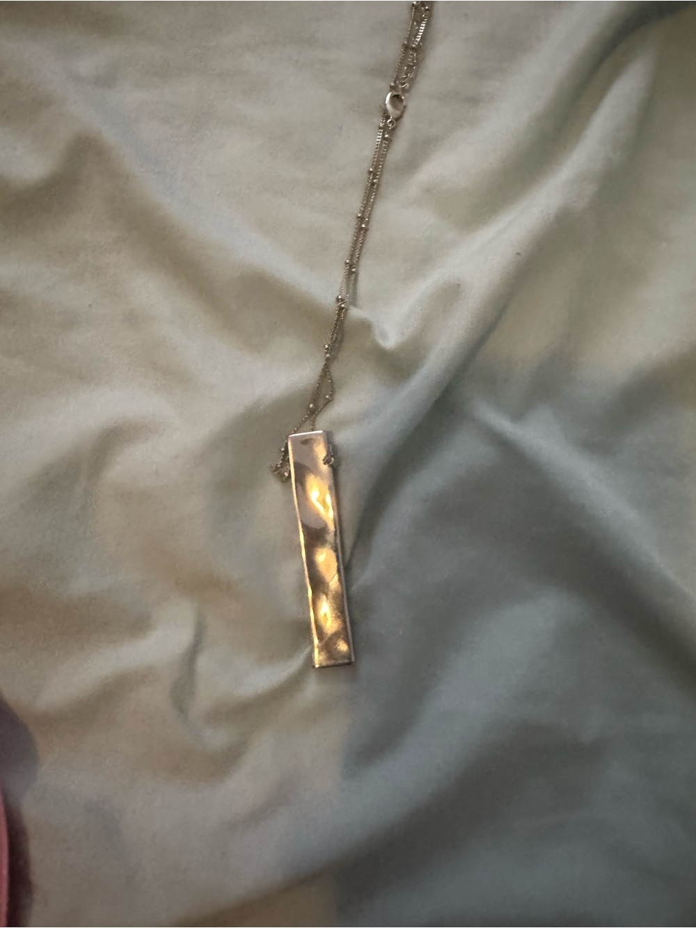 Gold Rectangular Hammered Metal Look Bar Pendant Necklace